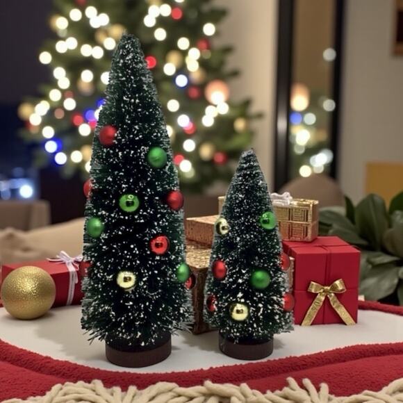 Bottle Brush Trees Set /2 Multicolored Ball Ornaments Table Top Decor 12"/ 8.5" - Picture 2 of 3